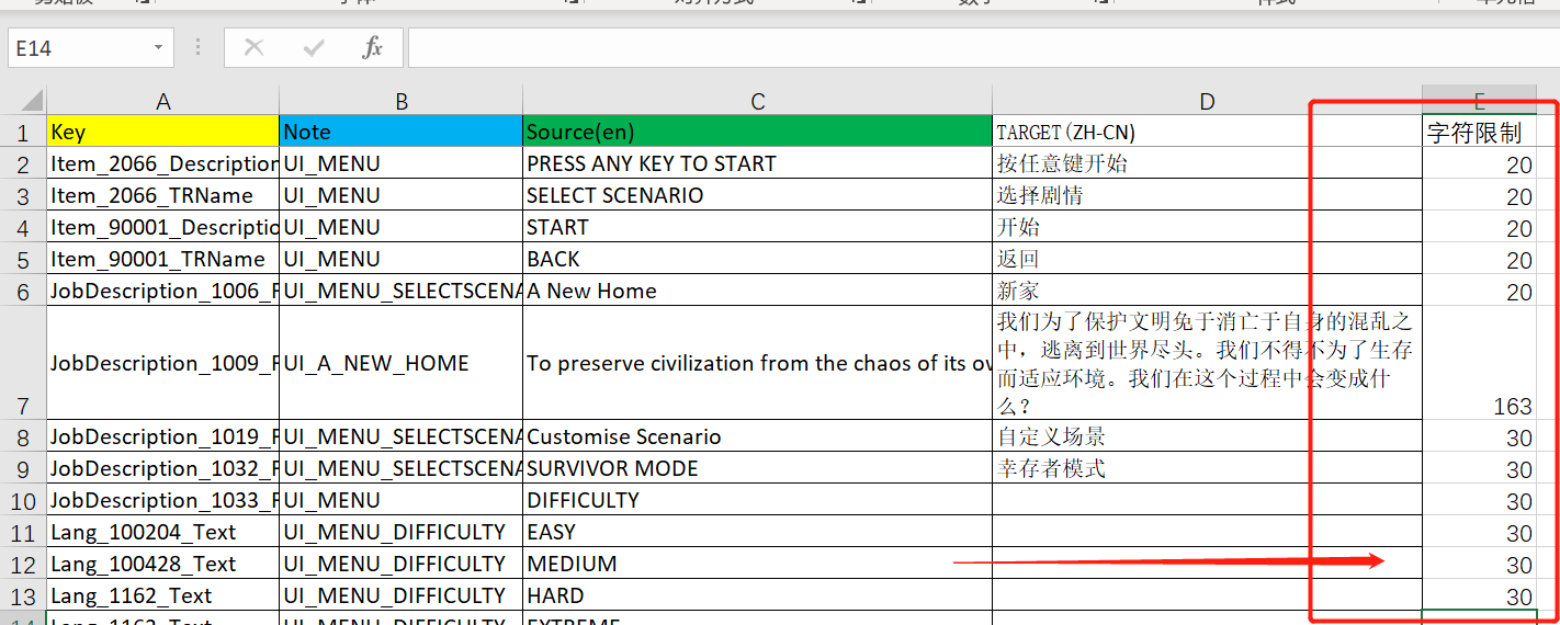 multilingual excel files with character limits